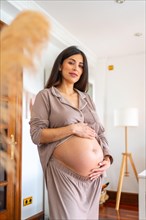 Vertical portrait of a pregnant woman touching her belly standing at home