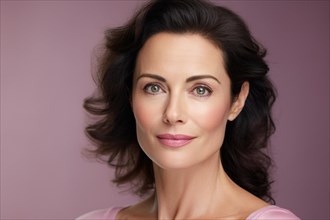 Portrait of beautiful middle aged woman with dark hair in front of pink studio backgound. KI