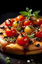 Focaccia barese steaming adorned with vibrant cherry tomatoes, AI generated