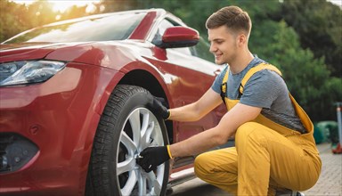 AI generated, A mechanic changes the tyres on a customer's car, tyre fitting, red car
