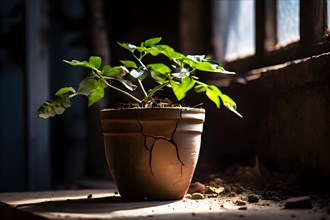 A cracked clay pot holding a flourishing plant symbolizing resilience and growth amidst