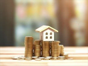Small model house standing on several stacks of money coins, symbol image for house money, loan,