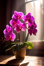 Exotic orchids arrayed in an intricate bouquet resting atop a rustic wooden table, AI generated