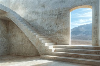 A serene view from an arch window showing a staircase with textured walls and desert in the