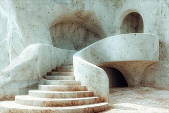 Architectural detail of curving stairs in textured concrete with soft lighting, AI generated
