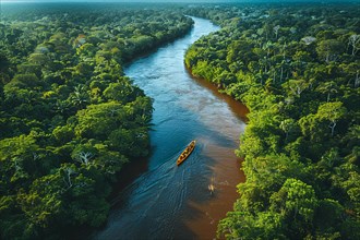 Aerial view of a canoe on a meandering river cutting through the dense tropical rainforest, AI