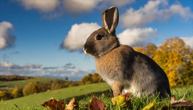 KI generated, A colourful dwarf rabbit in a meadow in autumn, side view, (Brachylagus idahoensis)