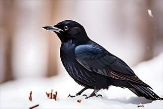 Black woodpecker sitting in snow, AI generated