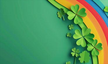 Colorful paper cutout style rainbow with clovers on a green background AI generated