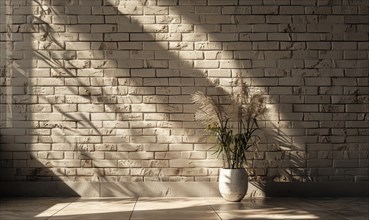Sunlight streams through a space casting shadows on a brick wall and a vase with leaves AI