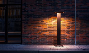 An elegant street light illuminates a brick wall, creating a warm and inviting pathway at night AI
