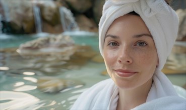 Calm woman enjoying a spa day at tranquil hot springs AI generated