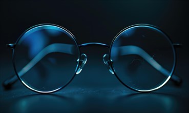 Close-up of round eyeglasses with clear lenses against a dark background with reflected lights AI