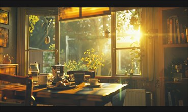 Evening sunlight casting a golden glow on a dining room with tea pot and comforting ambience AI