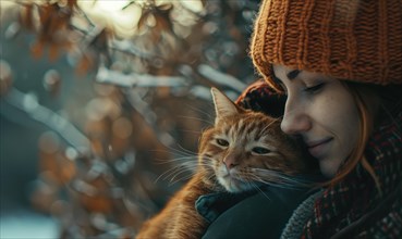 Intimate moment between a woman and her orange cat in winter attire AI generated