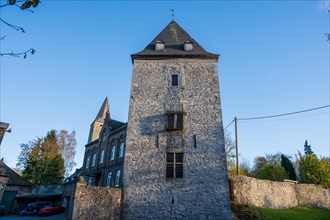Stone tower of an old building on a clear day, manor, Schoeller, Wuppertal, Bergisches Land, North