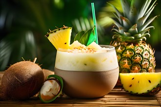 Tropical smoothie with pineapple coconut milk dash of lime served in coconut shell bamboo, AI
