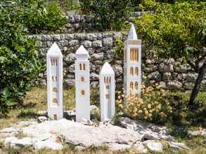 Model of the church towers of Rab in a garden, island of Rab, Kvarner Gulf Bay, Croatia, Europe