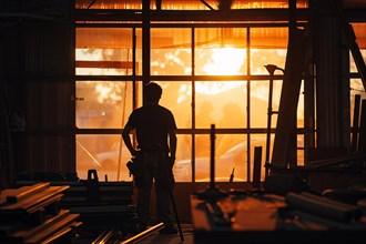 Silhouette of a man standing in an industrial setting during the golden hour, AI generated