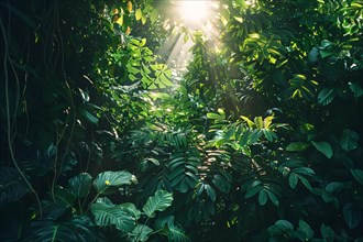 Rays of light pierce through the dense, lush foliage of a vibrant jungle, creating a tranquil