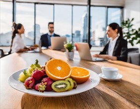 Meeting room with business people and a fruit plate in the foreground, city view in the background,