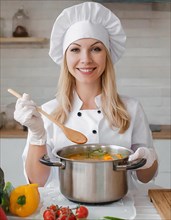 AI generated, An attractive blonde cook with a wooden spoon in the kitchen