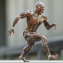 Side view of an anatomical model in motion, muscles and tendons visible, AI generated, AI generated