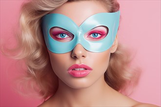 Face of young blond woman with pink makeup and light blue superhero mask on pastel pink background.