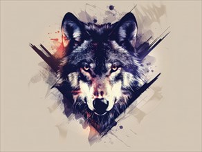Dynamic abstract illustration of a wolf with splatter on a beige background, ai generated, AI