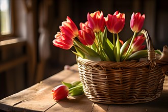 Basket brimming with vibrant freshly picked tulips, AI generated