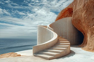 A serene scene featuring a modern staircase within a rocky landscape overlooking the ocean, AI