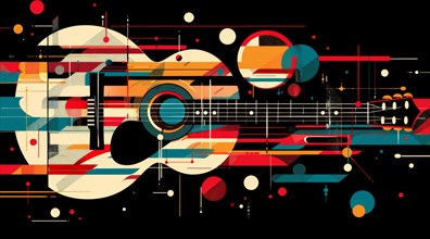Modern abstract guitar design with colorful geometric shapes on a black background, ai generated,