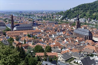 Panoramic view of a town with church towers and a river (Neckar), surrounded by trees, Heidelberg,