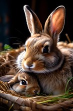 European rabbit and its offspring snuggling, AI generated