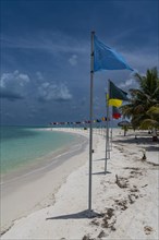 White sand beach with many flags, Bangaram island, Lakshadweep archipelago, Union territory of