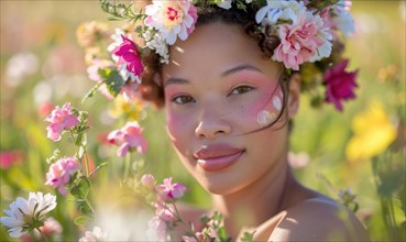 Joyful woman with a floral headpiece in nature, surrounded by vibrant colors AI generated