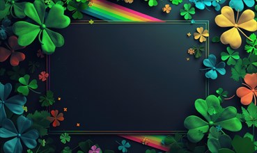 A sparkling rainbow crosses a dark background with neon-colored clovers creating a festive mood AI