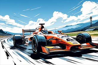 Formula race cars on race track, color line art, AI generated