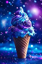 Galaxy themed ice cream cone swirling blues and purples edible glitter star shaped candies, AI