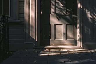 Sunlight casting shadows on the door of a house, creating a mysterious ambiance, AI generated