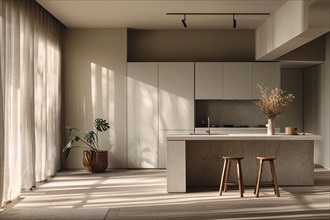 Modern minimalist kitchen with clean lines, wooden stools, and a touch of greenery, bathed in