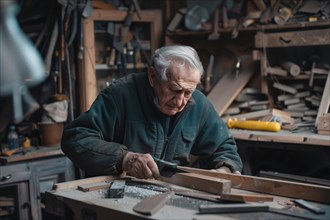 An elderly man intently focuses on his woodworking craftsmanship in a well-lit workshop, AI