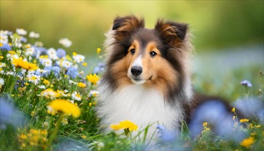 AI generated, A long-haired collie lies in a colourful meadow of flowers