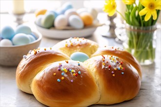 Traditional Italian Easter bread with sprinkles and painted easter egg. KI generiert, generiert AI