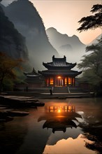 Shaolin temple mirrored perfectly in undisturbed waters, AI generated