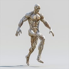 Anatomical model of a jumping human, illuminated by natural light, shows muscle details, AI