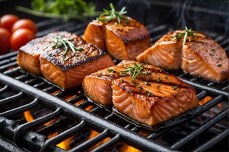 Close-up of salmon with grill marks being cooked on a barbecue grill, AI generated