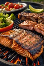 Grilled salmon fillet on a barbeque with vegetables on the side, AI generated