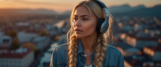 Peaceful scandinavian blonde woman with braids and headphones on a rooftop at dawn with soft