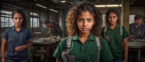 Mixed-race Workers in uniform standing with serious expressions in an industrial environment, women